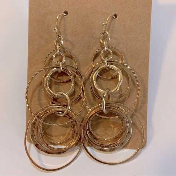Gold Tone Drop Dangle Layered Circles Pierced Earrings 3” - Picture 3 of 4